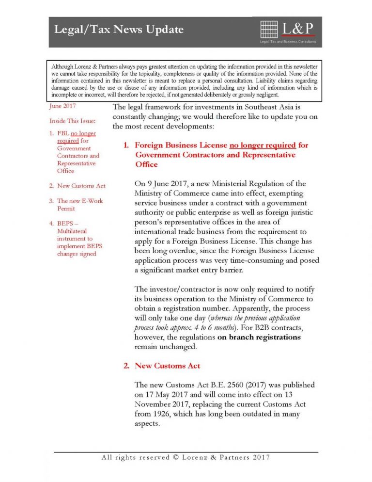 LORENZ & PARTNERS : Legal/Tax News Update Thailand – June 2017