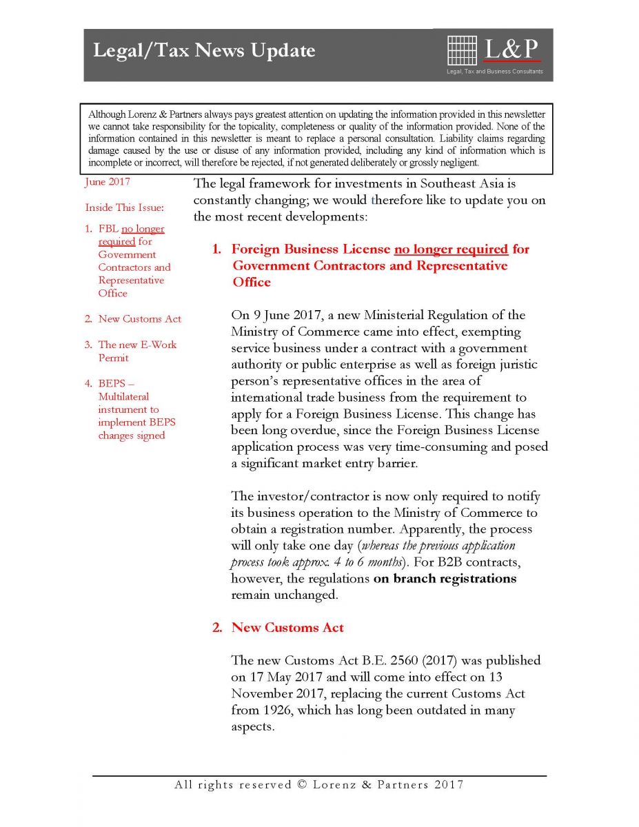 LORENZ & PARTNERS : Legal/Tax News Update Thailand – June 2017